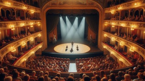 An Artist's impression of a theatre hall with an audience watching a play
